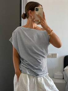 Livesso Striped Open Shoulder Ruched Body Short Sleeve T-Shirt For Women,Fall Clothes Preppy Tops - Blue and White - View 3