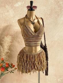 Soleia 女士V领露背系带露脐上衣搭配流苏迷你裙两件套，适合派对、圣诞节、约会、夜店、波西米亚风、度假、秋季等场合。 - 彩色 - 查看 4