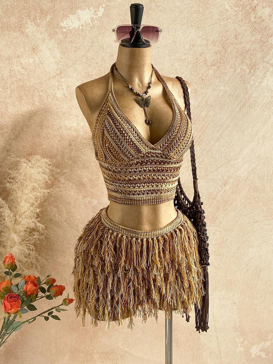 Soleia Bộ đồ 2 món dành cho nữ: áo crop top cổ chữ V buộc dây sau lưng và chân váy ngắn tua rua, thích hợp cho tiệc tùng, Giáng sinh, hẹn hò, hộp đêm, phong cách Bohemian, Boho, kỳ nghỉ, mùa thu. - Nhiều màu - Xem 1