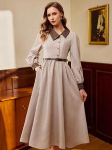 Vintamour 复古经典学院风女式连衣裙，秋冬季，修身剪裁，撞色领连衣裙，不对称领连衣裙，系带连衣裙，长袖连衣裙，浅卡其色连衣裙 - 卡其色 - 查看 4