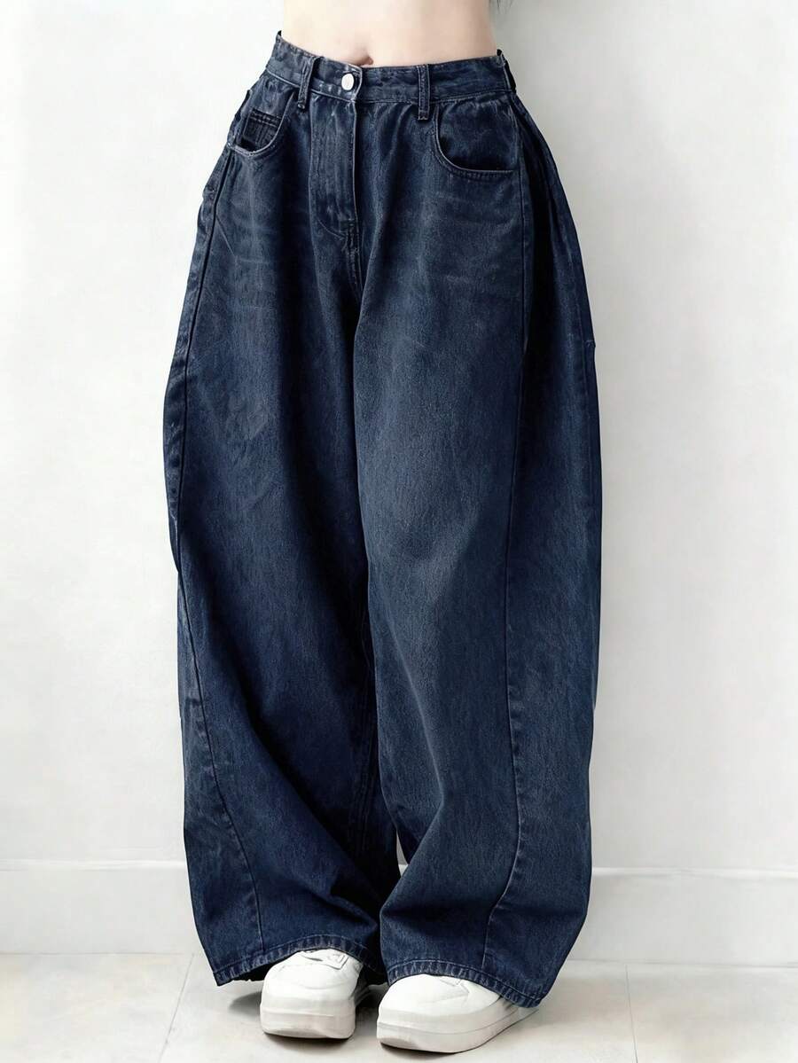 DAZY 女士休闲时尚街头风日常通勤简约百搭宽松阔腿牛仔裤 Y2k - 藏蓝色 - 查看 1