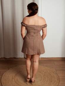 Lupita Cardoza Casual Fashion Slim-Fit Plaid Off Shoulder Mini Dress For Women - Coffee Brown - View 2