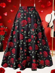 Franclia Plus Size Women's Casual Elegant Valentine's Day Rose Print A-Line Skirt Black Floral Skirt Black Rose Skirt Long Floral Skirt Rose Print Skirt Rose Skirt - Black - View 2