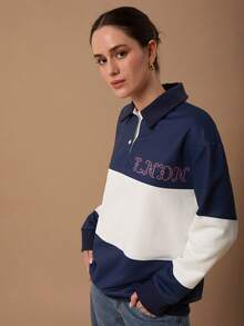 SURIMA Women's Casual Contrast Color Slogan Print Sweatshirt - Multicolor - View 2