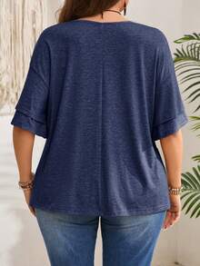 Rosumi Plus Size Women Summer Casual Vacation Daily Commute V-Neck Loose Flare Sleeve Plus Size T-Shirt - Navy Blue - View 3