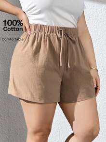 SHEIN Essnce Women's Plus Size Khaki Texture Shorts For Spring/Summer - Khaki - View 2