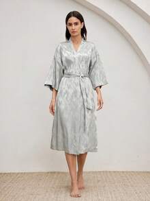 Ocili 休闲缎面提花简约抽象舒适披肩领中长睡袍，配系带，时尚秋季女士睡衣 - 卡其色 - 查看 2