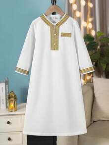 SHEIN 2pcs Young Boy Middle Eastern Casual Solid Color Gold Ribbon Vest Mandarin Collar Half-Open Abaya Set, Suitable For Autumn, Spring, Summer, Suitable For Outdoor Play, School, Street Photography, Parties, Holiday Gatherings, Ramadan Jalabiya, Ramadan - White - View 8