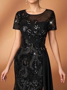 优雅奢华的珍珠串珠刺绣蕾丝拼接弹力亮片薄纱袖美人鱼连衣裙，适合婚礼、派对、度假、舞会、节日、新娘、新娘母亲、晚礼服等场合。 - 黑色 - 查看 7