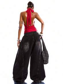 LYSMO 女士性感时尚派对镂空宽下摆露背系带吊带背心，夏季 - 紅色 - 查看 4