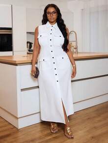 Slaydiva 春夏新品，适合音乐节、复活节、圣帕特里克节、西部风、游牧风、生日派对、毕业典礼、学生、日常休闲、百搭基础款、休闲、度假、邮轮旅行、海滩、日光浴等场合。爆款大码宽松白色无袖A字口袋长裙，夏季连衣裙。 - 白色 - 查看 9