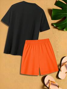 Manfinity RSRT Men's Vacation Palm Tree Letter Print Short Sleeve T-Shirt And Drawstring Waist Shorts Casual Suit - Multicolor - View 3