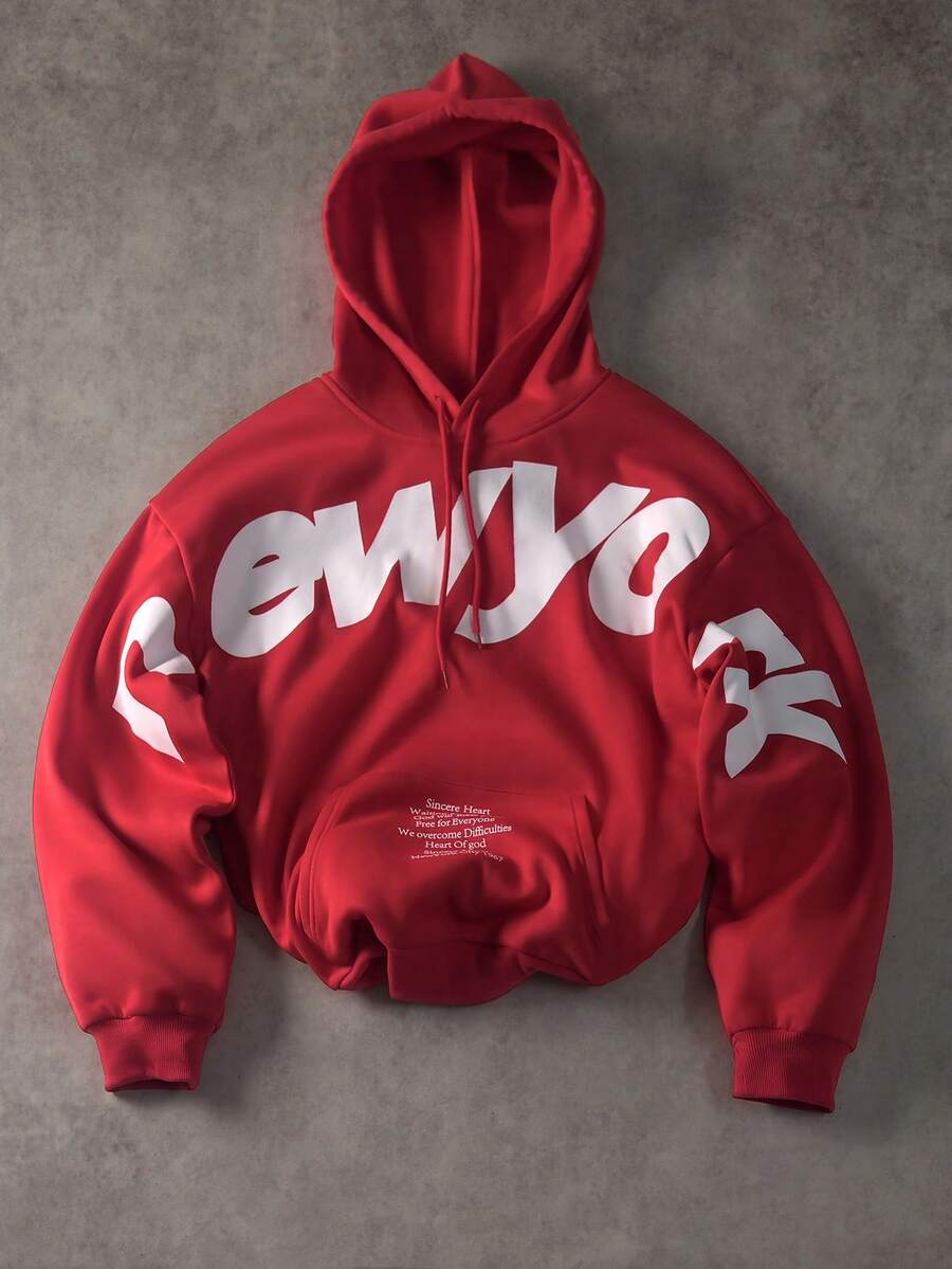 STYNVO 男士标语印花抽绳连帽休闲卫衣 - 紅色 - 查看 1