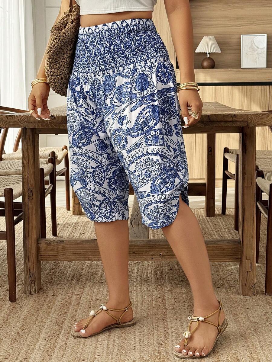 Weeklong Plus Size Women's Casual Waist Buckle Drawstring Waist Cashew Flower Print Bermuda Shorts, Spring/Summer - Blue and White - View 1