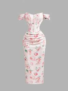 SHEIN MOD 女士粉色碎花露肩修身连衣裙 - 粉色 - 查看 5