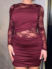 Bethéva Vestido mini de mujer para otoño/invierno, vestido de manga larga, vestido elegante y romántico de encaje vintage en color vino tinto con parches, sexy y elegante - Burdeos - Ver 4