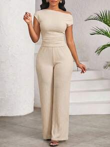 SHEIN Lady 2pcs Women Summer Casual Asymmetrical Shoulder Top & Pants Set - Apricot - View 5