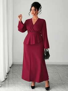 Elenzga Große Größen Damen Burgunderrotes Maxikleid, elegantes Wickelkragen Taille schmeichelndes Kleid für Party, Date, Abschluss, Urlaub, Valentinstag, Musikfestival, Muttertag, Halloween, Thanksgiving, Ostern, Nationalfeiertag, Abschlussball, Datenight, Hochzeitssaison, Outdoor-Ausflug - Bordeaux - Übersicht 6