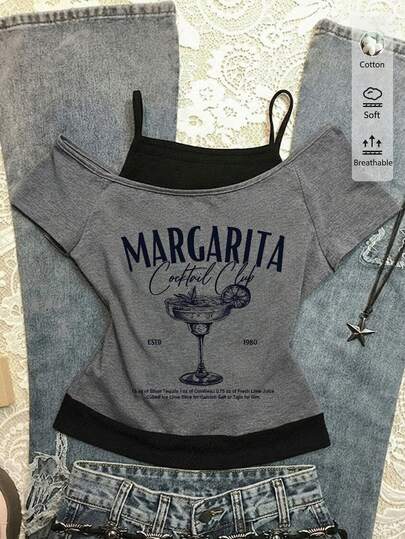 Attitoon 休闲复古玛格丽塔鸡尾酒图案撞色短袖T恤，适合夏季海滩度假、西部音乐节，可爱复古Y2K甜美少女风，居家、上学、运动、姐妹会、Z世代春季穿搭皆宜。