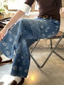 DAZY Women's Patchwork Loose Wide-Leg Casual Jeans, Japanese Street Style - Blue - View 2