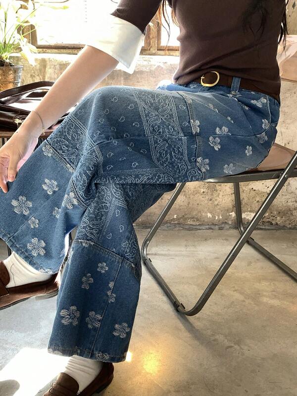 DAZY Women's Patchwork Loose Wide-Leg Casual Jeans, Japanese Street Style