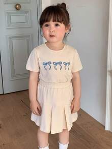 DAZY 2件組女嬰圓領蝴蝶結裝飾短袖T恤與短褲套裝 夏季女嬰服飾 - 杏色 - 查看 2