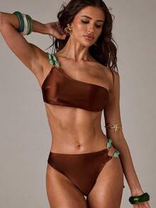 SHEIN BAE Women's Cute Coffee Brown Shiny One-Shoulder Bikini Set, Green Beaded Strap Swimwear, Summer Holiday Beach Party Resort Outfits, Elegant Swimwear - Brown - View 4