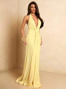 SHEIN BAE Women's Yellow Deep V Neck Flowy Tie Back Ruched Maxi Elegant Dress, Spring/Summer - Yellow - View 8