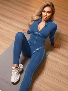 Innovista Women's Stand Collar Zipper Fitted Daily Outdoor Ski Jumpsuit, Long Sleeve - Blue - View 5