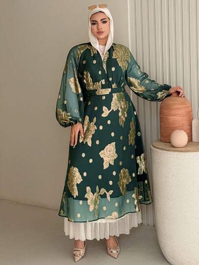 Dazy Plus Plus Size Women's Floral Print V-Neck Waist Cinched Lantern Sleeve Chiffon Waist Dress, Elegant Green