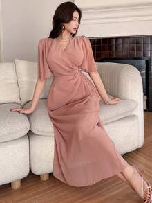 DAZY 女士优雅纯色V领泡泡袖褶皱中长连衣裙，夏季婚礼宾客礼服 - 粉色 - 查看 7