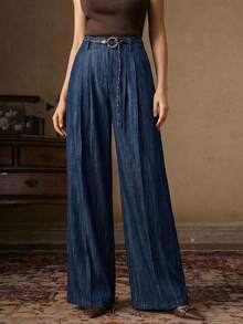 Anewsta Quần ống rộng cạp cao phong cách cổ điển sang trọng, chất liệu vải dệt họa tiết, kèm thắt lưng dệt dành cho nữ. - Màu xanh lam - Xem 3