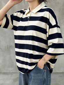 FRIFUL 95% Cotton Striped Polo Collar Drop Shoulder Short Sleeve Black & White Striped Loose Casual Versatile T-Shirt - Blue - View 3