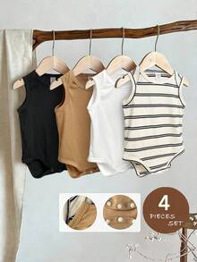 LMoss Kids 4pcs Baby Boy/Girl Cute Knitted Elastic Striped Short Sleeve Rompers, Basic Bodysuit Multi-Pack, Spring/Summer - Multicolor - View 6