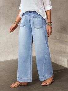 EMERY ROSE 女士口袋纽扣休闲百搭日常穿着阔腿牛仔裤 - 藍色 - 查看 7