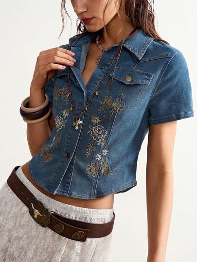 Bohemela Women's Floral Embroidered Short Sleeve Single-Breasted Casual Denim Shirt