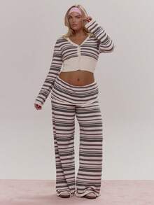 MUSERA Fold Over Waistband Stripe Knit Trousers Cute Cosy Spring Everyday Sugar Swizzle - Multicolor - View 1