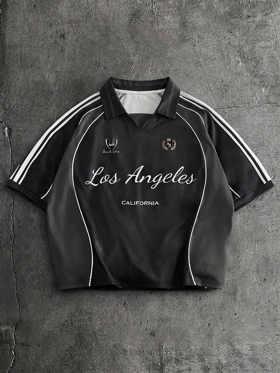 AXEPEAK 男士字母条纹短袖休闲通勤 Polo 衫 - 彩色 - 查看 1