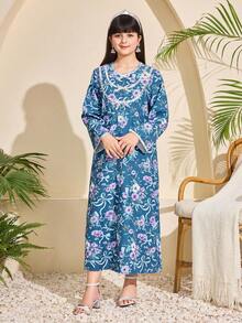 SHEIN Tween Girls' Elegant & Cute Bowknot Floral Print Middle Eastern Arabic Traditional Festival Dress - Green - View 7