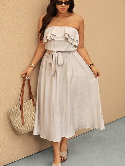 Elaquor 大码纯色荷叶边下摆极简连衣裙