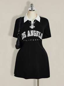 SHEIN ICON 大码女式 Polo 领黑白撞色迷你连衣裙 - 黑色 - 查看 3