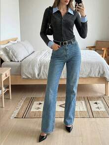 BizChic 2026 Spring New Arrival Collar & Cuff Striped Contrast Color Blocking Front Button Closure Faux Cashmere Knit Top, Elegant For Party, Urban Commute, Workplace Light Cardigan Collared Cardigan - Dark Grey - View 2