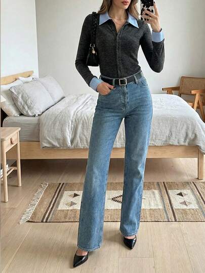 BizChic 2026 Spring New Arrival Collar & Cuff Striped Contrast Color Blocking Front Button Closure Faux Cashmere Knit Top, Elegant For Party, Urban Commute, Workplace Light Cardigan Collared Cardigan