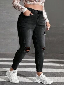 SHEIN ICON 大码女式时尚休闲破洞牛仔裤 - 深灰色 - 查看 4