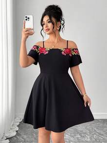Elenzga Plus Size Women's Summer Elegant Boho Party Cocktail Dress,Black And Red Embroidered Floral Off-Shoulder A-Line Short Sleeve Waist-Cinching Fashion - Black - View 4