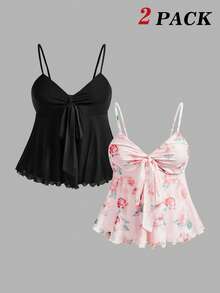 SHEIN MOD Bộ 2 áo hai dây nữ in hoa và màu trơn, kiểu babydoll, áo dễ thương, áo nơ, áo mùa hè, áo mùa xuân, áo thanh lịch, áo đi chơi, áo lưới, áo dự tiệc trà, áo nữ dễ thương, áo đi nghỉ mát, áo đi nghỉ lễ, áo thường ngày, áo đi biển - Nhiều màu - Xem 11