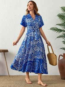 Cloudara Women's Summer Tie Waist Midi Dress With Short Sleeves - Blue - View 3