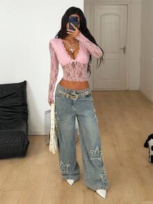 Coolane Women's Fall/All-Season Streetwear Rave Festival Boho Western Wear Y2K Lace Deep V-Neck Long Sleeve Top - Pink - View 2