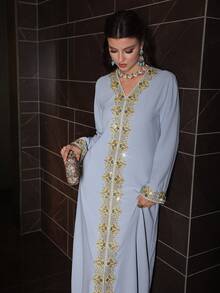 SHEIN Najma Áo choàng dài dáng rộng thanh lịch viền ren dành cho nữ - Màu xanh bụi bặm - Xem 5