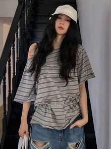 DAZY 女士条纹不对称肩短袖休闲宽松T恤 - 灰色 - 查看 7